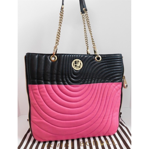 Henri‎ Bendel Pink Navy Blue Quilted Leather Gold Chain Expandable Tote Bag